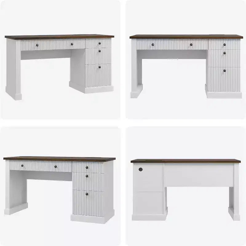 COZONY 60 Bureau de direction moderne avec plateau en bois cannelé, meuble de classement et tiroirs, grand bureau de rangement pour bureau à domicile, bureau et chambre à coucher