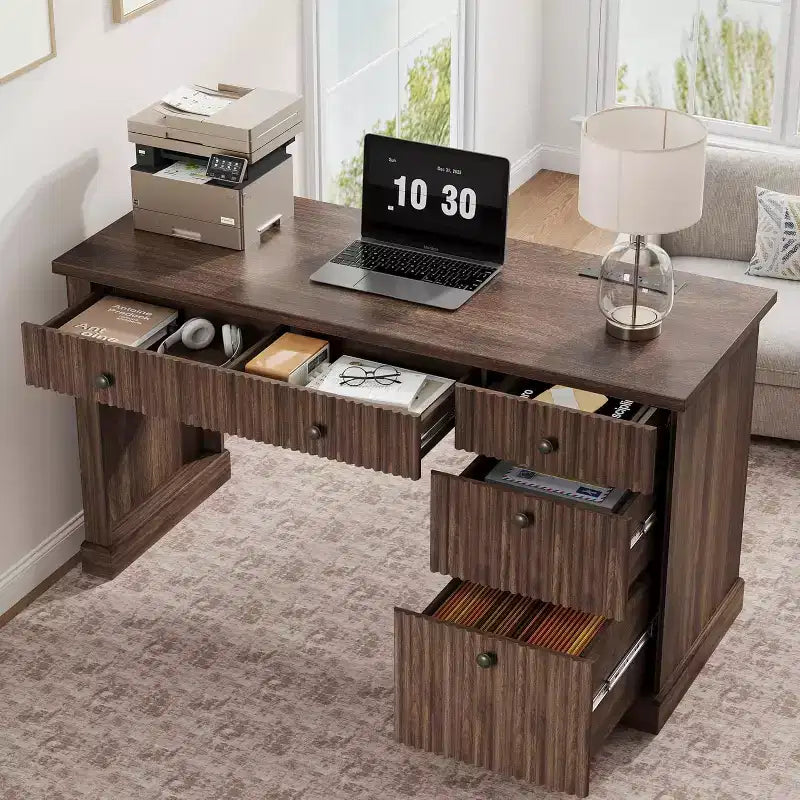 COZONY 60 Modern Office Executive Desk with Fluted Wood Top, File Cabinet & Drawers, Spacious Storage Writing Desk for Home Office, Study & Bedroom
