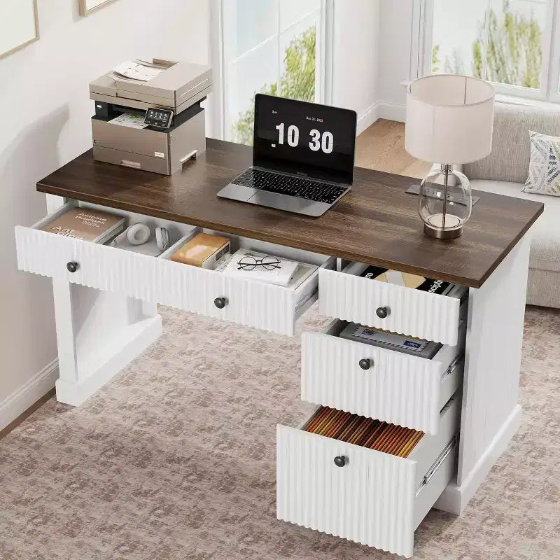 COZONY 60 Bureau de direction moderne avec plateau en bois cannelé, meuble de classement et tiroirs, grand bureau de rangement pour bureau à domicile, bureau et chambre à coucher