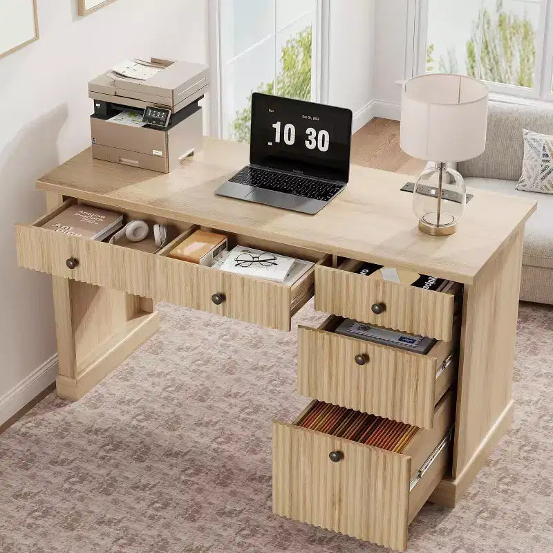 COZONY 60 Bureau de direction moderne avec plateau en bois cannelé, meuble de classement et tiroirs, grand bureau de rangement pour bureau à domicile, bureau et chambre à coucher