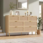Commode en rotin à 7 tiroirs pour chambre - Commode en bois de 137 cm avec poignées métalliques, meuble TV multifonctionnel et organisateur de rangement