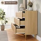 Commode en rotin à 7 tiroirs pour chambre - Commode en bois de 137 cm avec poignées métalliques, meuble TV multifonctionnel et organisateur de rangement