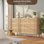 Commode en rotin à 7 tiroirs pour chambre - Commode en bois de 137 cm avec poignées métalliques, meuble TV multifonctionnel et organisateur de rangement