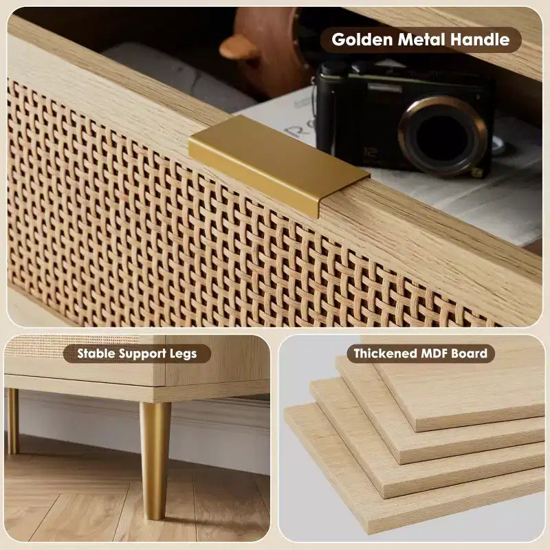Commode en rotin à 7 tiroirs pour chambre - Commode en bois de 137 cm avec poignées métalliques, meuble TV multifonctionnel et organisateur de rangement