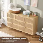 Commode en rotin à 7 tiroirs pour chambre - Commode en bois de 137 cm avec poignées métalliques, meuble TV multifonctionnel et organisateur de rangement