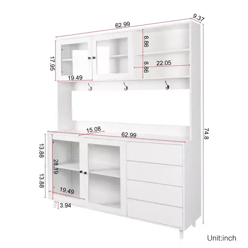 GDFStudio Gideon Armoire de cuisine moderne 63 avec 4 portes vitrées, 4 tiroirs et étagère à micro-ondes