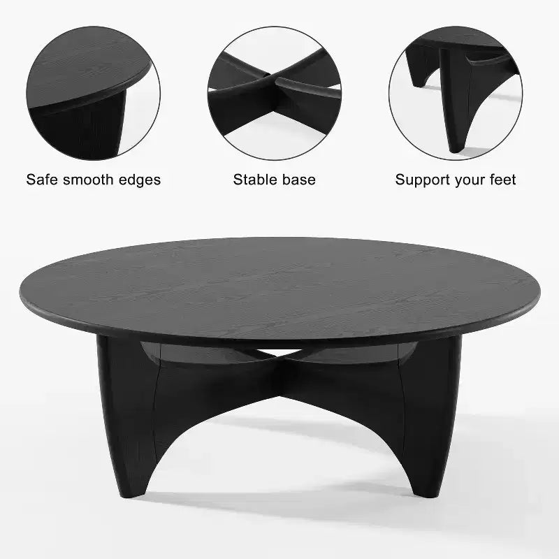 PexFix 38 Table basse ronde moderne en bois massif de style rustique avec pieds croisés robustes pour maison, bureau, salon, noir