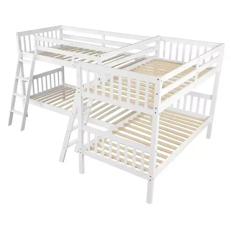 Lit superposé jumeau sur jumeau pour 4 enfants, cadre de lit superposé en bois massif en forme de L pour chambre à coucher
