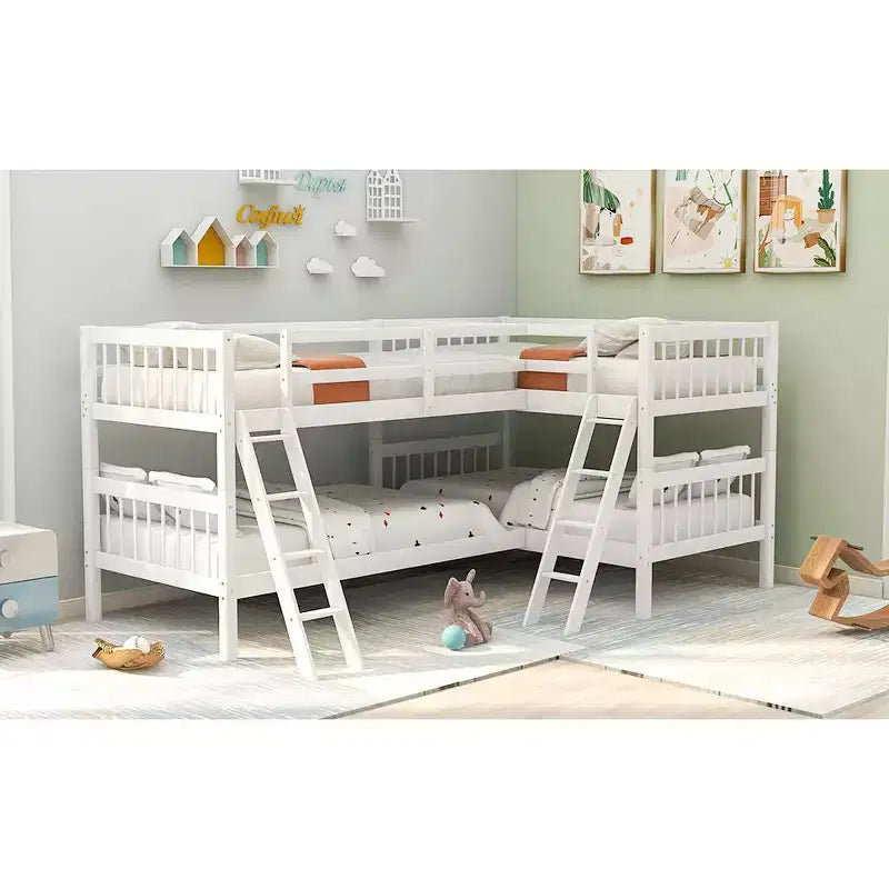 Lit superposé jumeau sur jumeau pour 4 enfants, cadre de lit superposé en bois massif en forme de L pour chambre à coucher