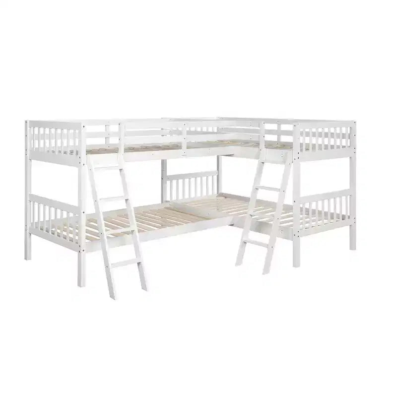 Lit superposé jumeau sur jumeau pour 4 enfants, cadre de lit superposé en bois massif en forme de L pour chambre à coucher