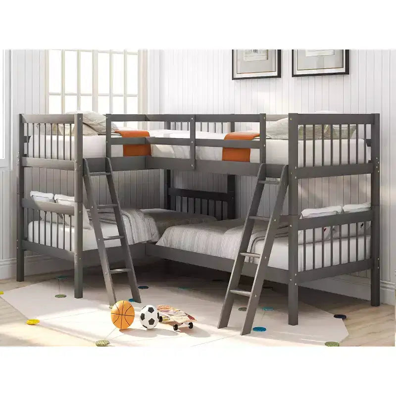 Lit superposé jumeau sur jumeau pour 4 enfants, cadre de lit superposé en bois massif en forme de L pour chambre à coucher