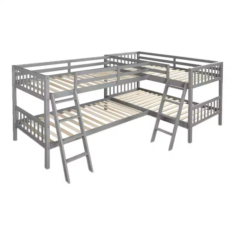 Lit superposé jumeau sur jumeau pour 4 enfants, cadre de lit superposé en bois massif en forme de L pour chambre à coucher