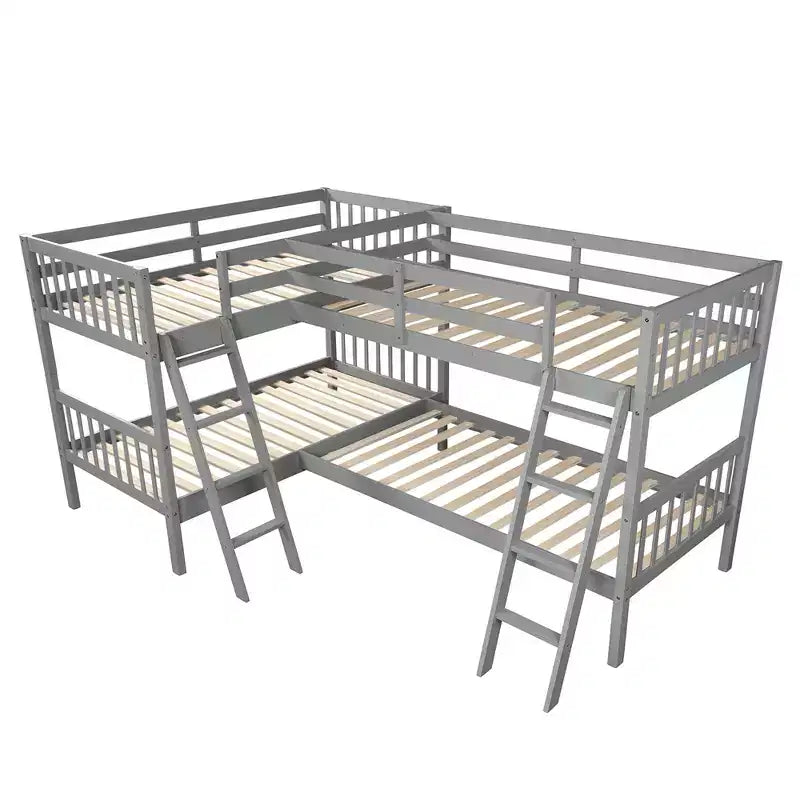 Lit superposé jumeau sur jumeau pour 4 enfants, cadre de lit superposé en bois massif en forme de L pour chambre à coucher