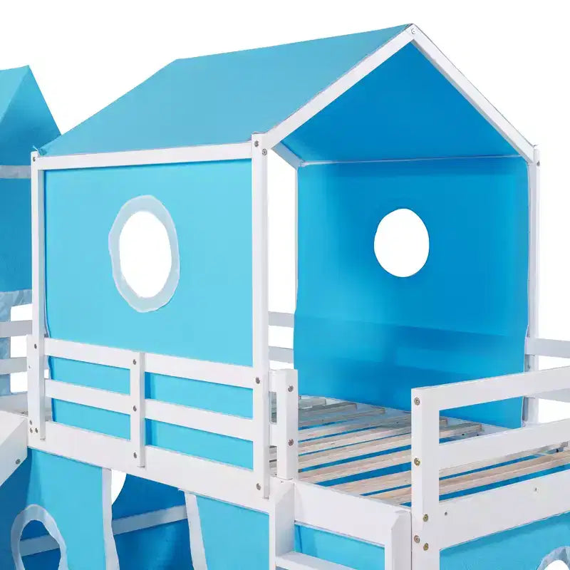 Lit mezzanine double Plyhouse avec toboggan, Cadre de lit en bois Château avec tente et tour pour enfants garçons filles adolescents, Bleu