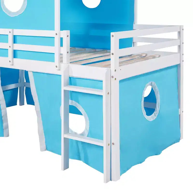 Lit mezzanine double Plyhouse avec toboggan, Cadre de lit en bois Château avec tente et tour pour enfants garçons filles adolescents, Bleu