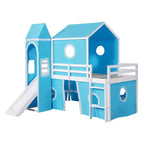 Lit mezzanine double Plyhouse avec toboggan, Cadre de lit en bois Château avec tente et tour pour enfants garçons filles adolescents, Bleu