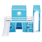Lit mezzanine double Plyhouse avec toboggan, Cadre de lit en bois Château avec tente et tour pour enfants garçons filles adolescents, Bleu