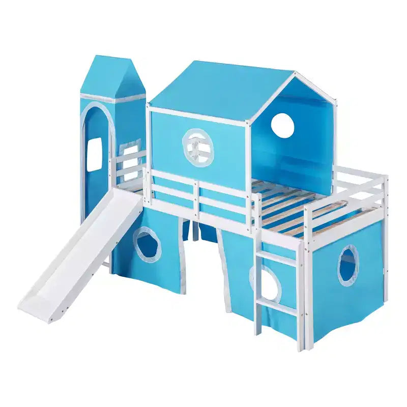 Lit mezzanine double Plyhouse avec toboggan, Cadre de lit en bois Château avec tente et tour pour enfants garçons filles adolescents, Bleu