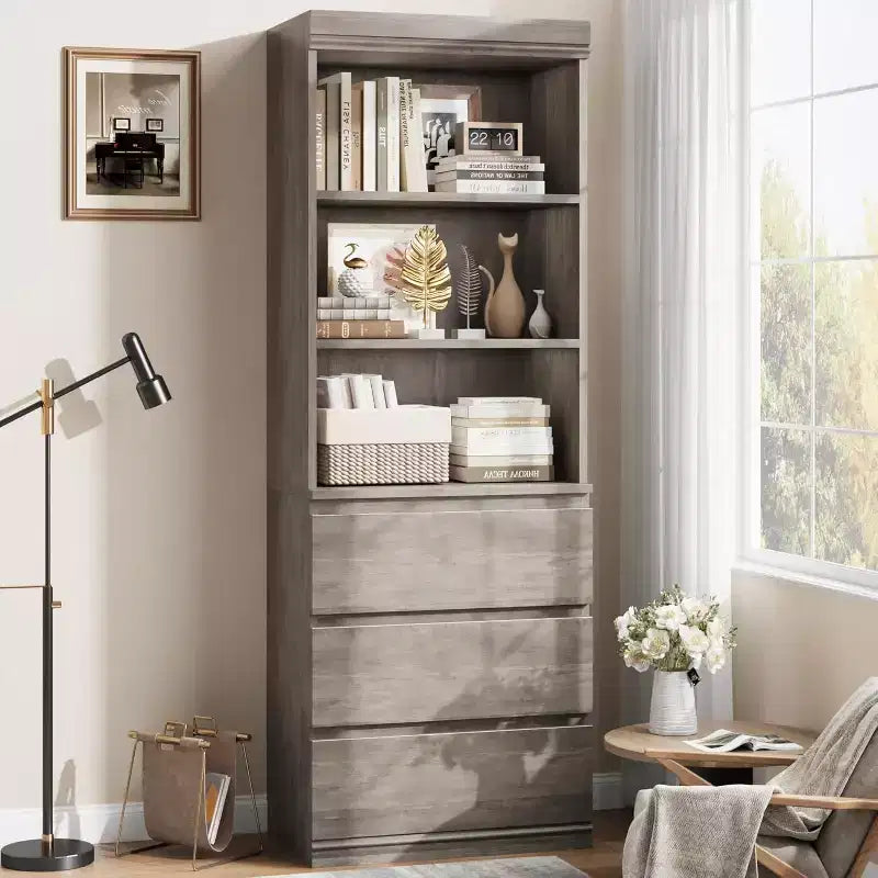 COZONY Bibliothèque haute de 178 cm avec 3 tiroirs et 3 étagères ouvertes - Meuble de rangement moderne en bois pour salon, bureau