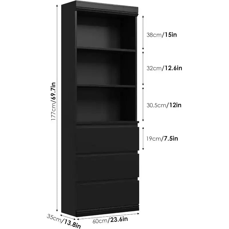 COZONY Bibliothèque haute de 178 cm avec 3 tiroirs et 3 étagères ouvertes - Meuble de rangement moderne en bois pour salon, bureau