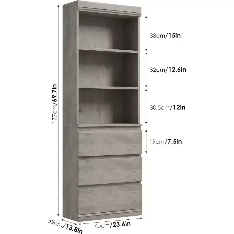 COZONY Bibliothèque haute de 178 cm avec 3 tiroirs et 3 étagères ouvertes - Meuble de rangement moderne en bois pour salon, bureau