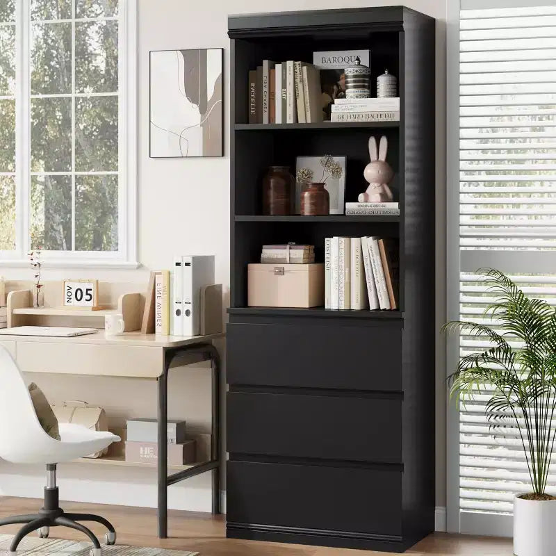 COZONY 70 Tall Bookcase with 3 Drawers & 3 Open Shelves - Modern Wooden Storage Cabinet for Living Room, Office