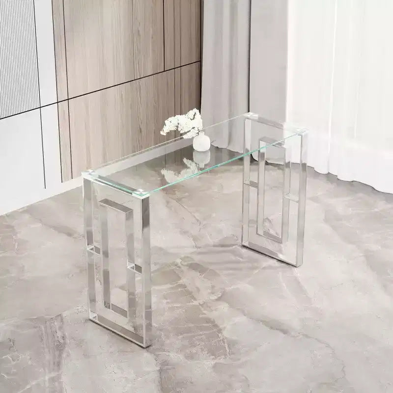 Console moderne Okak 47 pouces avec plateau en verre, table d'entrée avec pieds en acier inoxydable, table d'appoint pour salon, couloir