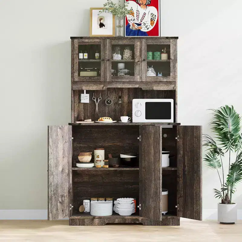 CuisinSmart Armoire de garde-manger 71'' avec station de recharge, Armoire de rangement de cuisine de style ferme avec comptoir ouvert pour salon et salle à manger, Marron