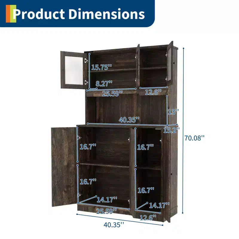 CuisinSmart Armoire de garde-manger 71'' avec station de recharge, Armoire de rangement de cuisine de style ferme avec comptoir ouvert pour salon et salle à manger, Marron