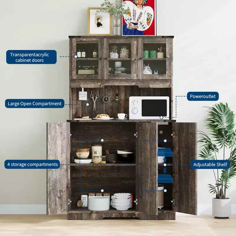 CuisinSmart Armoire de garde-manger 71'' avec station de recharge, Armoire de rangement de cuisine de style ferme avec comptoir ouvert pour salon et salle à manger, Marron