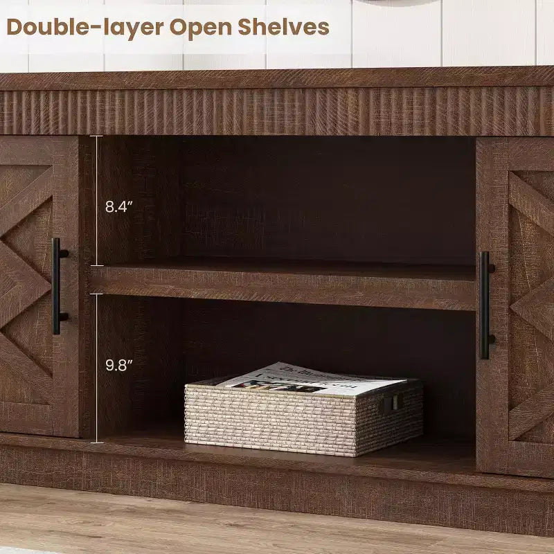 Meuble TV de ferme COZONY avec portes de grange cannelées et rangement pour salon