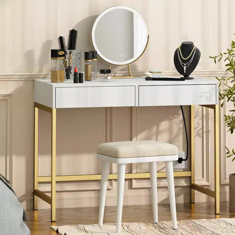 Coiffeuse moderne Okak avec miroir et ports USB, petite console de maquillage avec tiroirs grande capacité, table de maquillage pour chambres à coucher