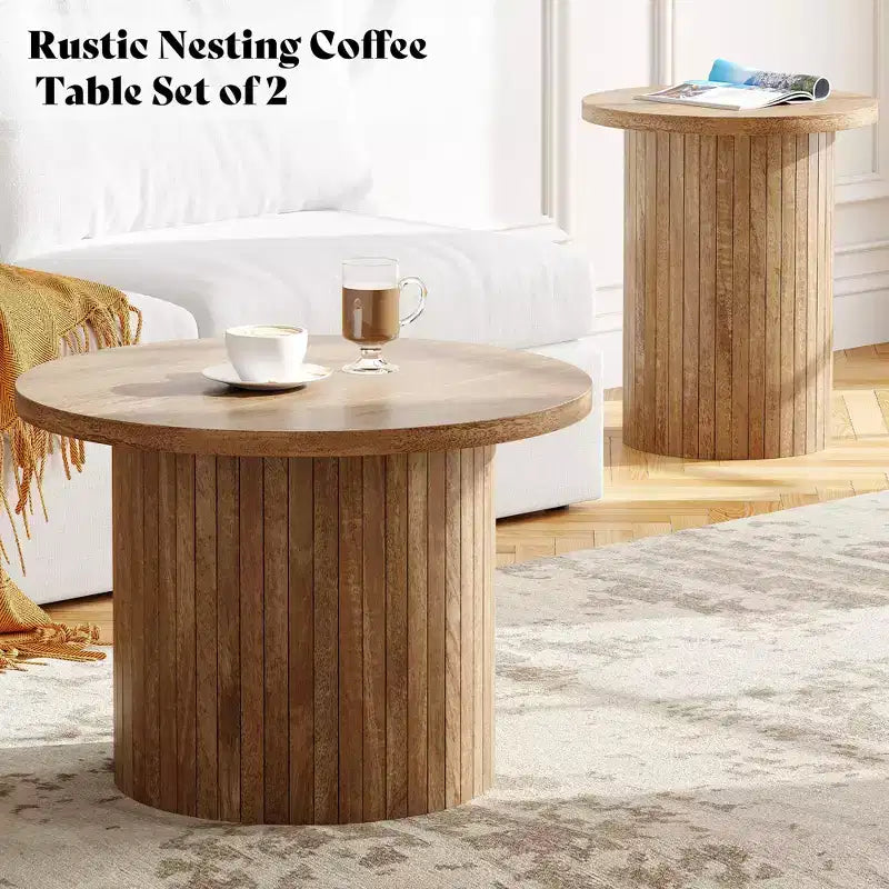 AMERLIFE Table basse gigogne rustique, tables d'appoint rondes aspect bois pour salon