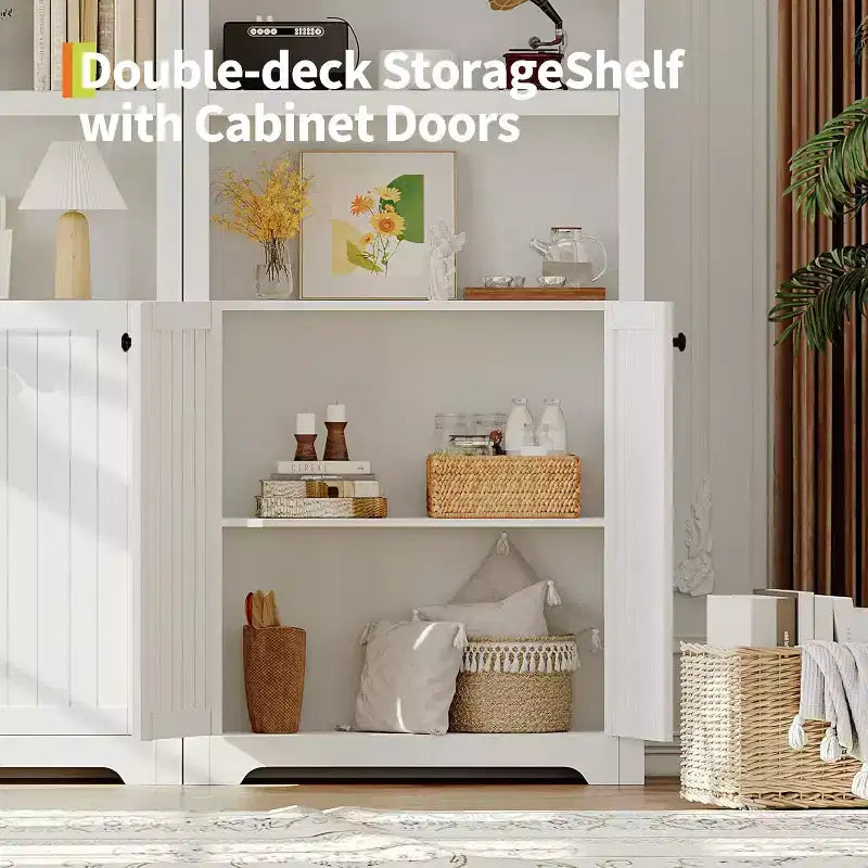 Bibliothèque de 72 pouces, bibliothèque arquée à 5 niveaux avec portes doubles et étagères réglables, fonction de rangement, adaptée au salon, à la chambre, au bureau, au bureau