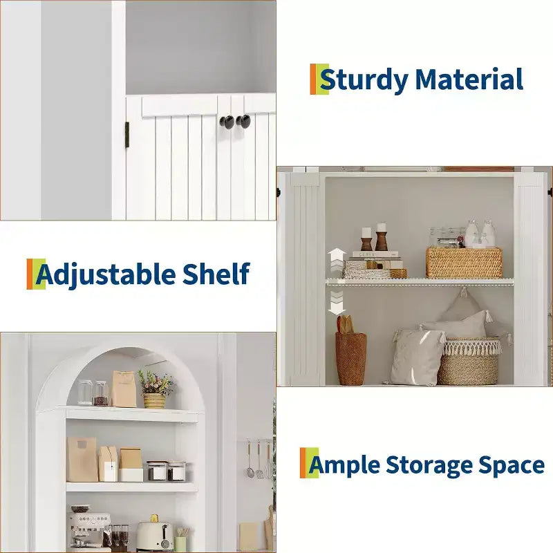 Bibliothèque de 72 pouces, bibliothèque arquée à 5 niveaux avec portes doubles et étagères réglables, fonction de rangement, adaptée au salon, à la chambre, au bureau, au bureau