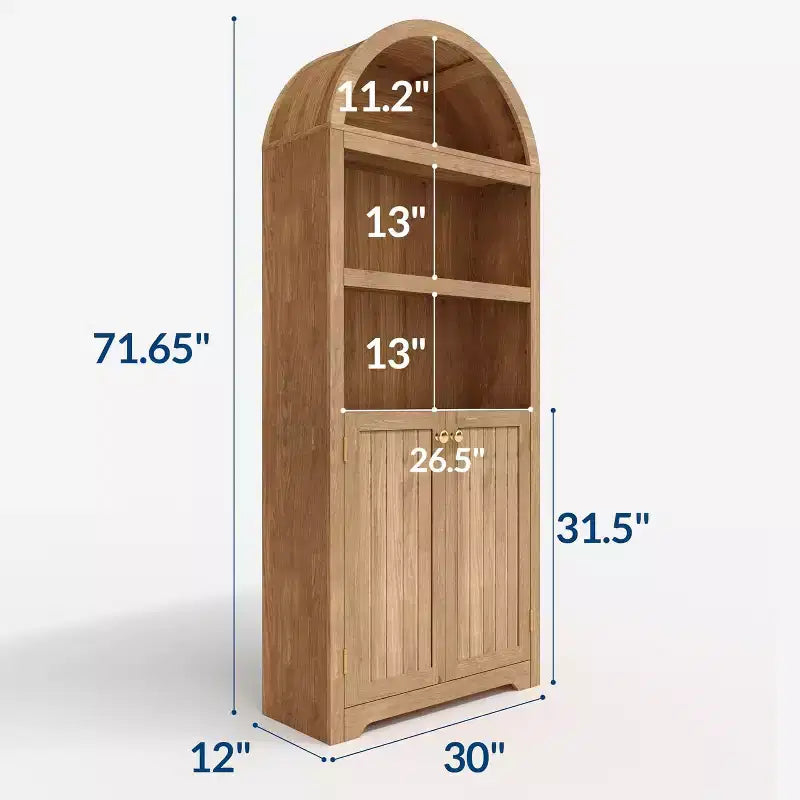 Bibliothèque de 72 pouces, bibliothèque arquée à 5 niveaux avec portes doubles et étagères réglables, fonction de rangement, adaptée au salon, à la chambre, au bureau, au bureau