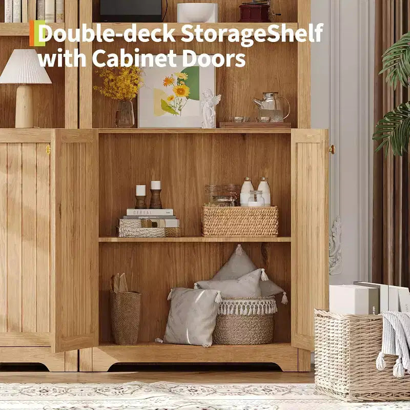 Bibliothèque de 72 pouces, bibliothèque arquée à 5 niveaux avec portes doubles et étagères réglables, fonction de rangement, adaptée au salon, à la chambre, au bureau, au bureau
