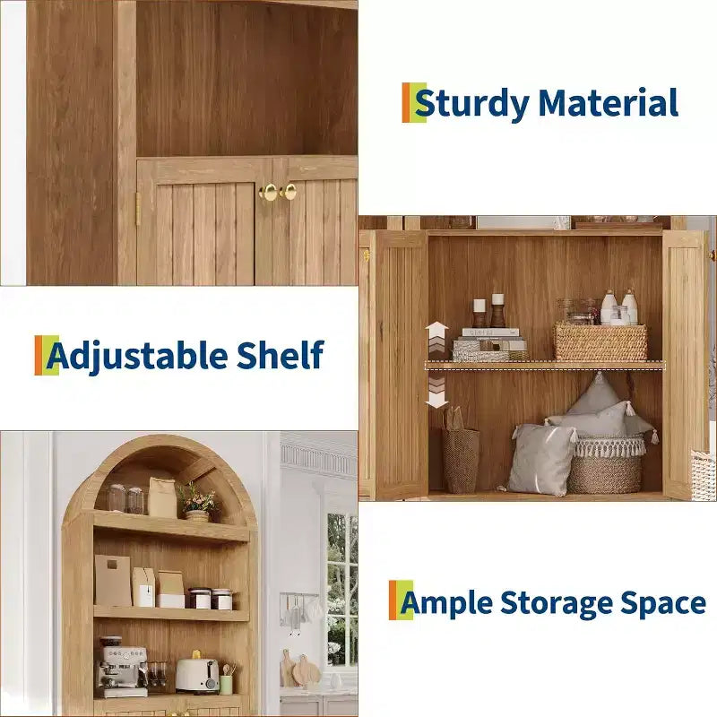 Bibliothèque de 72 pouces, bibliothèque arquée à 5 niveaux avec portes doubles et étagères réglables, fonction de rangement, adaptée au salon, à la chambre, au bureau, au bureau