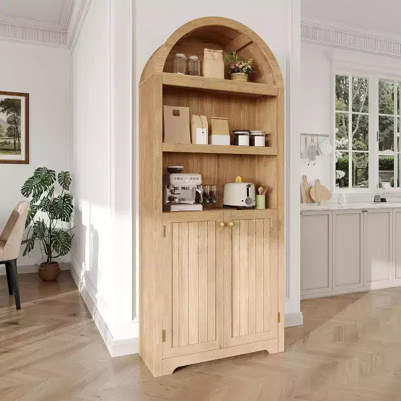 Bibliothèque de 72 pouces, bibliothèque arquée à 5 niveaux avec portes doubles et étagères réglables, fonction de rangement, adaptée au salon, à la chambre, au bureau, au bureau