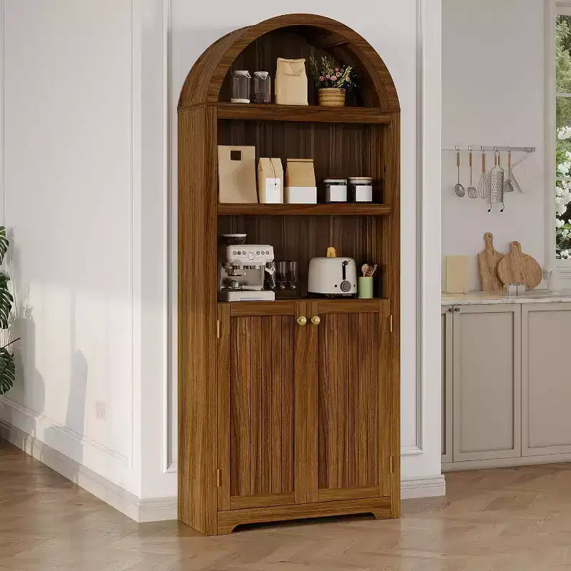 Bibliothèque de 72 pouces, bibliothèque arquée à 5 niveaux avec portes doubles et étagères réglables, fonction de rangement, adaptée au salon, à la chambre, au bureau, au bureau