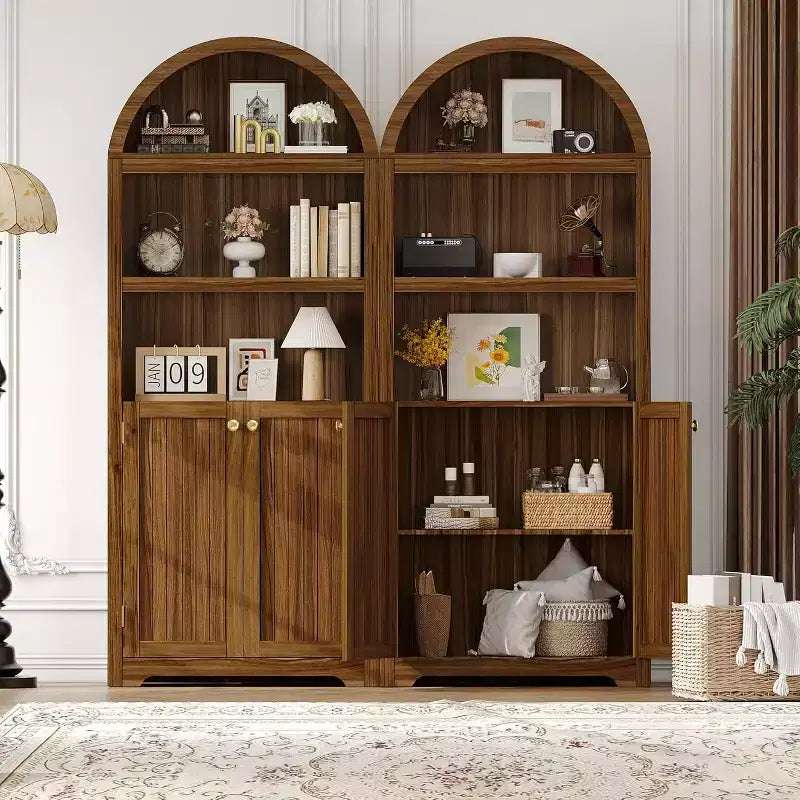 Bibliothèque de 72 pouces, bibliothèque arquée à 5 niveaux avec portes doubles et étagères réglables, fonction de rangement, adaptée au salon, à la chambre, au bureau, au bureau