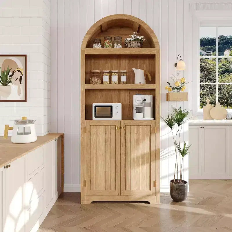 Bibliothèque de 72 pouces, bibliothèque arquée à 5 niveaux avec portes doubles et étagères réglables, fonction de rangement, adaptée au salon, à la chambre, au bureau, au bureau