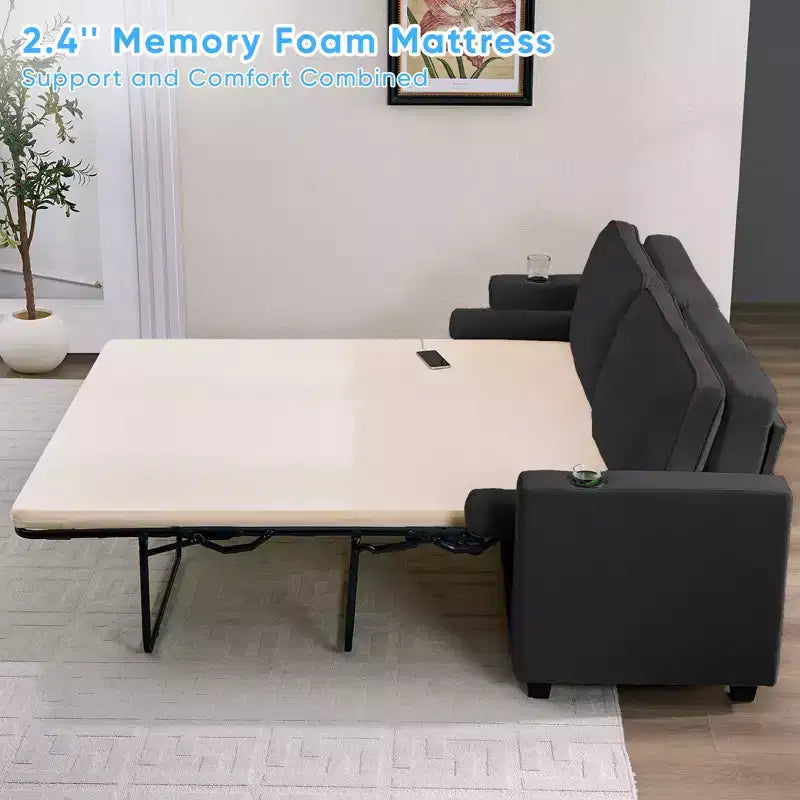 Canapé-lit Mjkone convertible avec matelas en mousse à mémoire de forme, porte-gobelets, ports de chargement USB