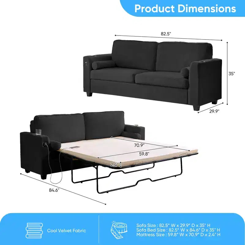 Canapé-lit Mjkone convertible avec matelas en mousse à mémoire de forme, porte-gobelets, ports de chargement USB