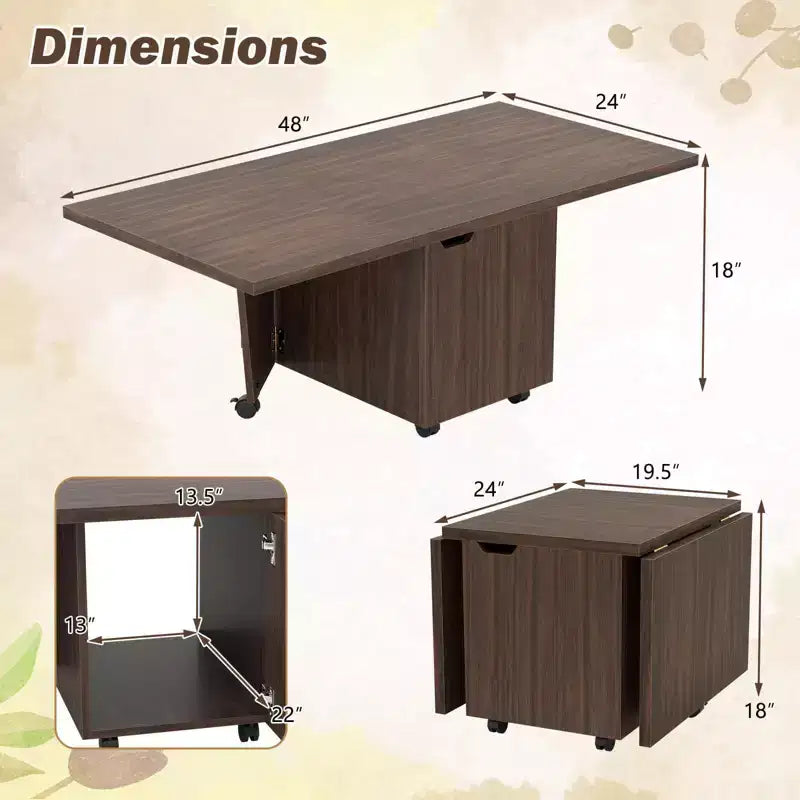 Table basse pliable Costway 48, table basse extensible avec armoires de rangement et roulettes, chêne/noyer/marron