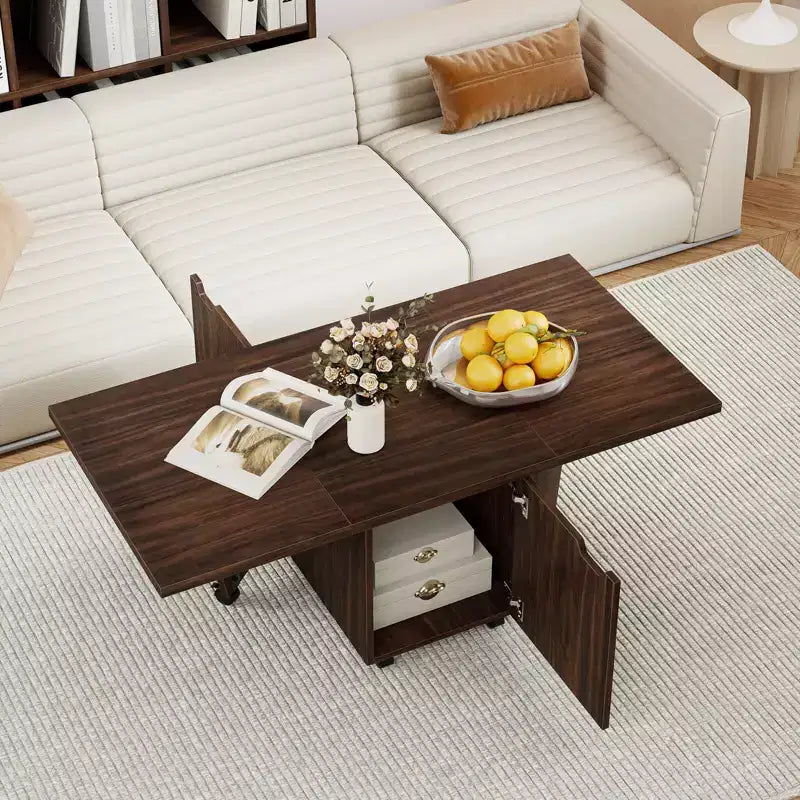 Table basse pliable Costway 48, table basse extensible avec armoires de rangement et roulettes, chêne/noyer/marron