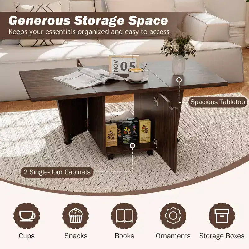 Table basse pliable Costway 48, table basse extensible avec armoires de rangement et roulettes, chêne/noyer/marron