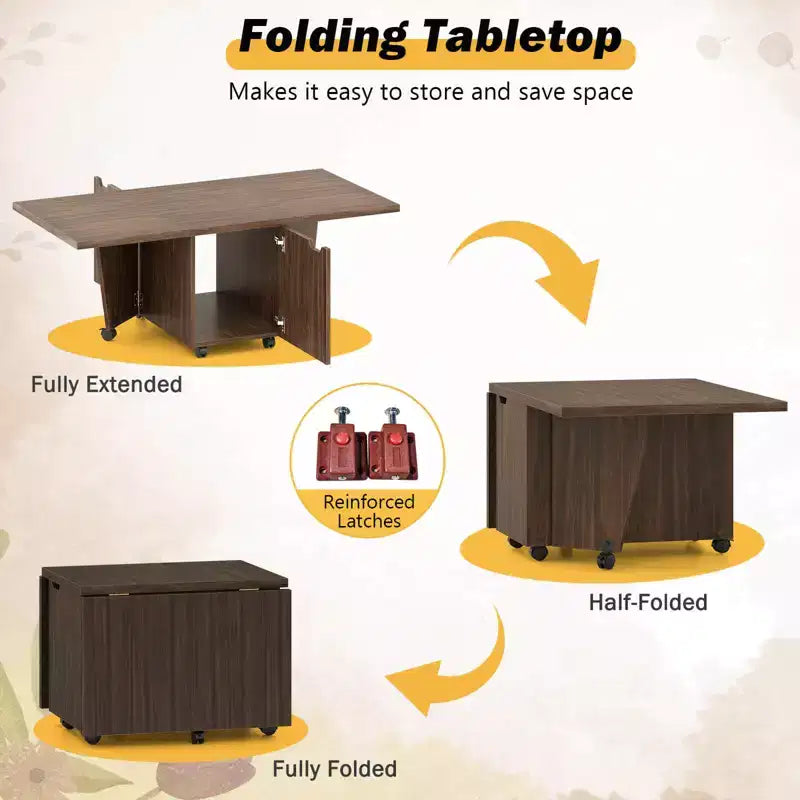 Table basse pliable Costway 48, table basse extensible avec armoires de rangement et roulettes, chêne/noyer/marron