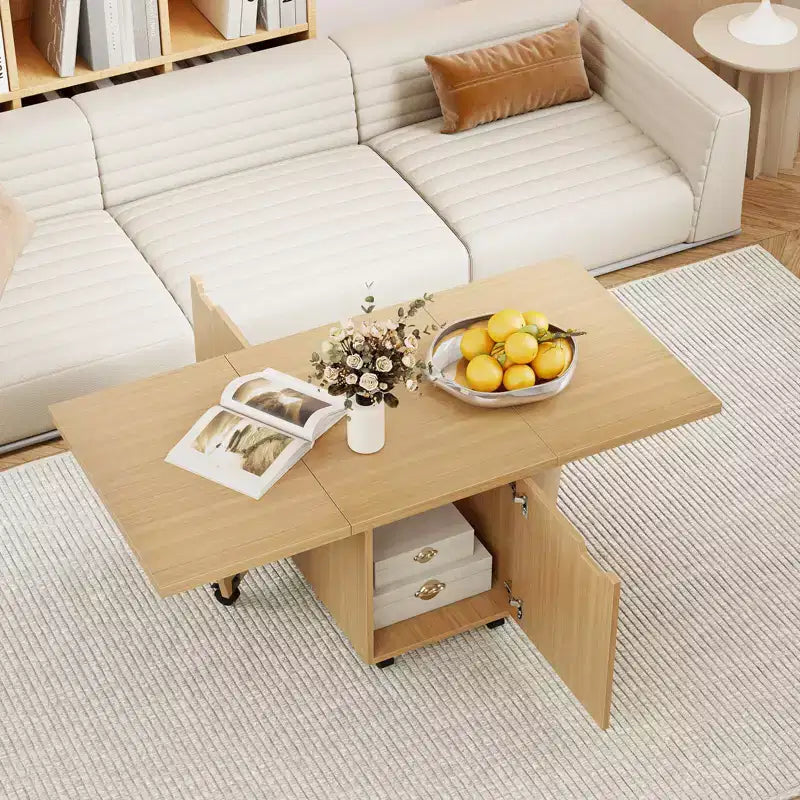 Table basse pliable Costway 48, table basse extensible avec armoires de rangement et roulettes, chêne/noyer/marron