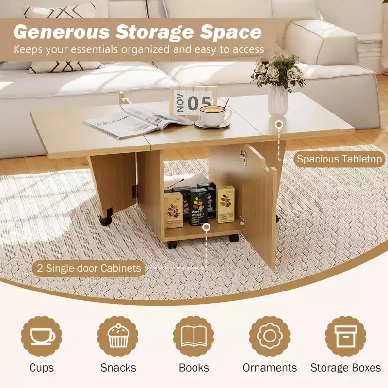 Table basse pliable Costway 48, table basse extensible avec armoires de rangement et roulettes, chêne/noyer/marron